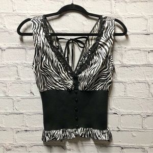 Umgee Zebra Satin Top Deep Plunge V-Neck Corset Stretch Ribbed Waist Sz M Lace
